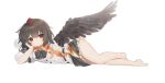  1girl barefoot bird_wings black_bow black_bowtie black_skirt bow bowtie brown_hair brown_wings chinese_commentary closed_mouth commentary_request feathered_wings frilled_skirt frills hat highres looking_at_viewer lying on_side orange_eyes pom_pom_(clothes) red_hat shameimaru_aya shirt simple_background skirt smile solo touhou white_background white_shirt wings yuanyuanshao 