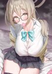  1girl absurdres akane_(blue_archive) akane_(school_uniform)_(blue_archive) aqua_bow aqua_bowtie black-framed_eyewear black_skirt blue_archive blush bow bowtie bra breasts brown_cardigan brown_eyes brown_hair brown_halo cardigan collared_shirt commentary_request condom condom_in_mouth condom_packet_strip condom_wrapper covered_nipples hair_between_eyes halo highres huge_breasts long_hair looking_at_viewer loose_bowtie mouth_hold official_alternate_costume open_cardigan open_clothes pink_bra pleated_skirt shirt sitting skirt sweat underwear unworn_bra wfa5051 white_shirt 