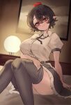  1girl black_skirt black_thighhighs breasts brown_hair commentary_request frilled_skirt frills hat highres indoors large_breasts looking_at_viewer missing_wings pointy_ears protectload puffy_short_sleeves puffy_sleeves red_eyes red_hat shameimaru_aya short_hair short_sleeves sitting skirt solo thighhighs tokin_hat touhou 