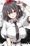  1girl alternate_breast_size_(larger) bird_wings black_necktie black_wings blush breasts brown_hair collared_shirt commentary_request feathered_wings hat highres large_breasts looking_at_viewer necktie open_mouth pointy_ears pom_pom_(clothes) puffy_short_sleeves puffy_sleeves red_eyes red_hat rise_(rise19851203) shameimaru_aya shirt short_sleeves simple_background solo squiggle sweatdrop tokin_hat touhou white_background white_shirt wings 