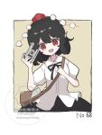  bag black_hair black_skirt brown_bag camera commentary_request handbag hat highres holding holding_camera medium_hair moaixiang59173 open_mouth pointy_ears pom_pom_(clothes) red_eyes red_hat shameimaru_aya shirt skirt tokin_hat touhou white_shirt 