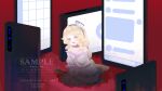  1girl absurdres black_hairband blonde_hair breasts cellphone cleavage commentary dress english_commentary frilled_dress frills hair_ornament hairband highres long_hair looking_at_viewer no_noru off-shoulder_dress off_shoulder open_mouth oversized_object phone shell shell_hair_ornament sitting smartphone smile solo touhou very_long_hair watari_nina white_dress yellow_eyes 