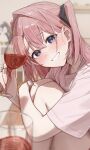  1girl absurdres alcohol black_ribbon blue_eyes blush commentary_request cup dated double-parted_bangs drinking_glass feet_out_of_frame grin hair_between_eyes hair_intakes hair_ribbon highres holding holding_cup kamiina_botan kamiina_botan_yoeru_sugata_wa_yuri_no_hana knees_up long_hair looking_at_viewer pink_hair pink_shirt ribbon seisyuntarotto shirt short_sleeves signature sitting smile solo twitter_username wine wine_glass 