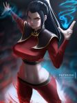  1girl avatar:_the_last_airbender avatar_(series) azula black_hair blue_fire breasts fighting_stance fire large_breasts lolliedrop long_hair looking_at_viewer midriff navel orange_eyes ponytail signature tagme 