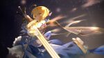  1girl armor armored_dress artoria_pendragon_(fate) blonde_hair blurry bokeh braid depth_of_field dress fate/grand_order fate_(series) green_eyes highres holding holding_weapon looking_back parted_lips saber_(fate) saber_(honkai:_star_rail)_(fate) simple_background solo sword weapon zh1k_yy 