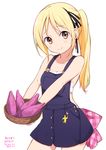  artist_name bangs basket blonde_hair blush brown_eyes closed_mouth collarbone dated eyebrows_visible_through_hair food hair_ribbon holding holding_food long_hair looking_at_viewer manda_rin overalls potato ragho_no_erika ribbon signature simple_background smile solo sukurizo! white_background 