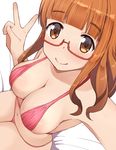  bangs bikini blunt_bangs blush breasts cleavage commentary_request eyebrows_visible_through_hair from_above girls_und_panzer glasses katatsuka_kouji long_hair micro_bikini midriff orange_eyes orange_hair pink_bikini reaching_out self_shot sitting sketch smile solo swimsuit takebe_saori v 