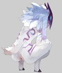  2_toes anthro anus blue_eyes butt caprine crouching female fur hair hi_res kemono kindred_(lol) lamb_(lol) league_of_legends liteu long_ears mammal markings mask riot_games simple_background solo toes video_games white_fur white_hair 