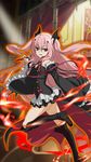  black_dress black_footwear black_ribbon boots detached_sleeves dress floating_hair from_side hair_between_eyes hair_ornament highres holding knee_boots krul_tepes leg_up looking_at_viewer owari_no_seraph parted_lips pink_hair pointy_ears purple_eyes red_eyes ribbon short_dress sleeveless sleeveless_dress smile solo 