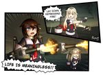  &lt;|&gt;_&lt;|&gt; 2koma ahoge artist_name black_serafuku blonde_hair blue_eyes braid brown_hair cannon comic commentary crying crying_with_eyes_open english fingerless_gloves firing gloves hair_flaps hair_ornament hair_over_shoulder hair_ribbon hairclip highres jacy kantai_collection long_hair machinery multiple_girls neckerchief necktie ocean pleated_skirt pun red_eyes remodel_(kantai_collection) ribbon scarf school_uniform serafuku shigure_(kantai_collection) single_braid skirt smoke tears too_literal torpedo turret white_scarf yuudachi_(kantai_collection) 