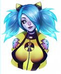  android biting_lip blue_hair bodysuit breasts bust_portrait clothing female foxeye hair hi_res humanoid machine not_furry portrait robot simple_background skinsuit solo tight_clothing viorie white_background 