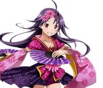  ahoge bow collarbone cowboy_shot detached_sleeves fan floating_hair flower grin hair_bow hair_flower hair_ornament holding holding_fan japanese_clothes kimono long_hair looking_at_viewer official_art outstretched_arm pink_flower purple_hair purple_shorts red_eyes short_shorts shorts smile solo standing sword_art_online sword_art_online:_code_register transparent_background very_long_hair yuuki_(sao) 