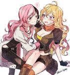  bad_id bad_twitter_id belt blonde_hair blush boots breasts brown_eyes brown_hair cleavage ecru fingerless_gloves gloves heterochromia hips jewelry knee_boots large_breasts long_hair medium_breasts midriff multicolored_hair multiple_girls necklace neo_(rwby) pants pink_eyes pink_hair purple_eyes rwby tight tight_pants twitter_username waist_cape wavy_hair white_background yang_xiao_long yuri 