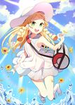  :d absurdres armpits artist_name azit_(down) bag bangs bare_arms bare_shoulders blonde_hair blue_sky blunt_bangs braid breasts cloud collarbone collared_dress day dress duffel_bag flower full_body green_eyes hat highres knees_together_feet_apart lillie_(pokemon) long_hair looking_at_viewer open_mouth petals poke_ball_theme pokemon pokemon_(game) pokemon_sm see-through shoes sky sleeveless sleeveless_dress small_breasts smile solo sun sun_hat sundress sunflower sunlight teeth twin_braids water_drop white_dress white_footwear white_hat wing_collar 