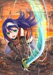  arm_warmers bare_shoulders blue_hair boots fire_emblem fire_emblem:_akatsuki_no_megami fire_emblem:_souen_no_kiseki foreshortening glowing glowing_sword glowing_weapon green_eyes hair_between_eyes hairband headband katana long_hair looking_at_viewer molten_rock motion_lines open_mouth purple_legwear slashing solo soyo2106 sword thighhighs vest wayu_(fire_emblem) weapon white_hairband 