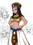  black_hair bracer caulifla dark_skin dragon_ball dragon_ball_multiverse dragon_ball_super egyptian eyeshadow goddess hands_on_hips hat helles kale_(dragon_ball) long_hair makeup marcarita midriff multiple_girls rickert_kai simple_background single_hair_intake solo_focus super_saiyan twintails white_background 