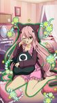  animal_ears animal_hood barefoot bed bedroom cat_ears cat_tail collarbone fake_animal_ears full_body highres hood hooded_jacket indoors jacket krul_tepes long_hair looking_at_viewer one_eye_closed open_mouth owari_no_seraph pillow pink_hair pink_pajamas pointy_ears red_eyes sitting solo tail very_long_hair 