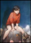  1girl arm_support bare_legs black_hair boots brown_eyes cloud commentary highres looking_at_viewer original red_sweater robot short_hair shorts sitting sitting_on_head sitting_on_person sky speech_bubble sweater 