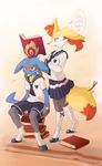  2017 ancesra anthro blue_fur book braixen clothed clothing duo english_text female fur lucario musical_note nintendo open_mouth orange_fur orange_nose pok&eacute;mon red_eyes school_uniform simple_background sitting standing stick text uniform video_games wood yellow_fur 