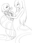  2girls breasts camel_(dansen) coiled female lamia long_hair monochrome monster_girl multiple_girls open_mouth original profile topless 