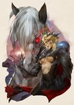  absurdres armor artoria_pendragon_(all) artoria_pendragon_(lancer_alter) black_cape blonde_hair breasts cape capelet covered_nipples dark_persona fate/grand_order fate_(series) gauntlets highres horns horse large_breasts looking_at_viewer navel saber_alter short_hair smile underboob yellow_eyes zoof 