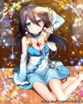  arm_support arm_up barefoot black_hair blue_dress blue_eyes bracelet breasts choker cleavage dress falkyrie_no_monshou hair_between_eyes highres jewelry kurogoma_(haruhi3) long_hair looking_at_viewer medium_breasts short_dress sitting solo sparkle 