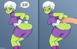  1girl afrobull ass bodysuit breasts chirai dragon_ball dragon_ball_super eyebrows gloves green_skin penis purple_eyes pussy short_hair shorts sideboob simple_background smile white_hair 