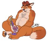  anthro balls body_hair canine cum_on_food disney erection food fox gideon_grey hairy happy_trail humanoid_penis male mammal masturbation messy musclegut nude overweight penile_masturbation penis pie simple_background snowmutt solo zootopia 