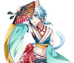  animal_ears arm_up blue_eyes blue_hair cat_ears cat_tail collarbone detached_sleeves fan flower hair_between_eyes hair_flower hair_ornament hair_ribbon holding holding_fan midriff navel official_art parted_lips pink_flower red_ribbon ribbon short_hair_with_long_locks sidelocks sinon sinon_(sao-alo) solo standing stomach sword_art_online sword_art_online:_code_register tail transparent_background 