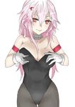  absurdres bare_shoulders black_legwear breasts chikkinage_nage cleavage commentary covered_navel detached_collar gloves guilty_crown hair_ornament hairclip highres large_breasts leotard long_hair looking_at_viewer pantyhose pink_hair red_eyes solo twintails white_gloves wrist_cuffs yuzuriha_inori 