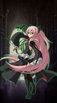  black_dress black_footwear black_ribbon boots detached_sleeves dress floating_hair from_behind full_body hair_between_eyes hair_ornament highres indoors krul_tepes leg_up long_hair looking_at_viewer looking_back owari_no_seraph pink_hair red_eyes ribbon short_dress sleeveless sleeveless_dress smile solo standing standing_on_one_leg thigh_boots thighhighs twintails very_long_hair 