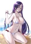  bare_arms bare_legs bare_shoulders barefoot beach bikini blush breasts cleavage closed_mouth collarbone commentary_request day fate/grand_order fate_(series) groin halter_top halterneck highres horizon large_breasts long_hair looking_at_viewer minamoto_no_raikou_(fate/grand_order) minatasiro navel ocean outdoors purple_eyes purple_hair sitting smile solo stomach sunlight swimsuit very_long_hair white_bikini 