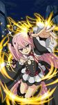  :d arm_up armpits black_footwear black_ribbon boots detached_sleeves dress fang flat_chest hair_between_eyes hair_ornament highres krul_tepes leg_up long_hair looking_at_viewer night open_mouth outstretched_arm owari_no_seraph pink_hair red_eyes ribbon sleeveless sleeveless_dress smile solo sparkle thigh_boots thighhighs twintails very_long_hair 