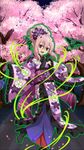  :d black_footwear black_gloves boots cherry_blossoms flower gloves hair_flower hair_ornament head_tilt high_heel_boots high_heels highres holding japanese_clothes kimono krul_tepes leg_up long_hair looking_at_viewer night obi open_mouth outdoors owari_no_seraph pink_hair pointy_ears purple_flower red_eyes sash smile solo standing tree yukata 