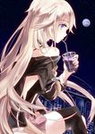  asymmetrical_legwear bare_shoulders blue_eyes braid check_commentary cityscape commentary commentary_request cup drinking_glass drinking_straw eyebrows_visible_through_hair full_moon holding holding_cup ia_(vocaloid) kumomo_(kirara317) long_hair long_sleeves moon night night_sky outdoors pink_skirt pleated_skirt profile railing single_thighhigh sitting skirt sky solo thigh_strap thighhighs vocaloid 