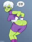  1girl afrobull alien ass breasts chirai dragon_ball dragon_ball_super eyebrows gloves green_skin purple_eyes pussy short_hair shorts sideboob simple_background smile solo white_hair 