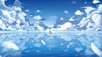  absurdres arms_behind_back bare_legs barefoot blue blue_sky closed_eyes cloud cloudy_sky day dress feathers floating_hair green_hair hatsune_miku highres horizon long_hair reflection ripples scenery see-through see-through_silhouette sky solo standing tenko twintails very_long_hair vocaloid water white_dress 