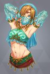  alternate_costume armpits arms_behind_head arms_up blue_eyes brown_hair crossdressing detached_sleeves gerudo_link hair_over_one_eye highres link looking_at_viewer male_focus midriff navel otoko_no_ko solo the_legend_of_zelda the_legend_of_zelda:_breath_of_the_wild three_(pixiv17689488) toned toned_male upper_body veil 