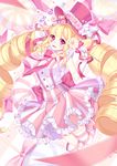  blonde_hair blush bow candy elbow_gloves fangs food gloves hat heart highres holding_lollipop kan_(rainconan) lollipop open_mouth original pink_bow pink_eyes pink_hat pink_legwear pink_ribbon ribbon smile solo striped striped_legwear teeth thighhighs top_hat white_gloves 