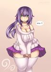 bra_strap breasts commentary green_eyes hair_ribbon highres large_breasts long_hair open_mouth pixiveo purple_hair ribbon simple_background skirt solo sweater thick_thighs thighhighs thighs 