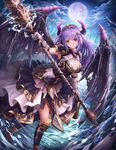  armor black_legwear breasts cleavage elbow_gloves eyebrows_visible_through_hair full_body full_moon gloves hair_ornament hairclip highres holding holding_spear holding_weapon horns large_breasts leaning_forward long_hair looking_at_viewer lunacle medium_breasts moon night night_sky original pleated_skirt polearm purple_hair red_eyes skirt sky spear standing weapon white_gloves wings 