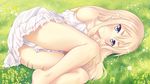  ass bare_legs bare_shoulders blonde_hair blue_eyes blush closed_mouth collarbone commentary dress eyebrows feet_out_of_frame fetal_position field flower flower_field highres long_hair looking_at_viewer lying on_grass on_side original outdoors panties pantyshot pantyshot_(lying) rikorin solo sundress thighs underwear wallpaper white_dress white_panties 
