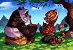  absurd_res anthro barefoot bear black_fur black_nose claws clothing cloud duo feline female food fur grass green_eyes hi_res kung_fu_panda male mammal master_tigress orange_fur outside panda po red_eyes shira-hedgie sitting tiger tree white_fur 