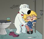 alcohol animal_genitalia animal_penis beverage blonde_hair blush brian_griffin canine_penis clothed clothing collar drunk english_text eyewear family_guy footwear fur girly glasses hair legwear male male/male penis precum shoes stewie_griffin stockings text unknown_artist white_fur wig young 