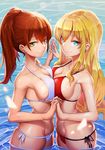  bare_shoulders bikini blonde_hair blue_eyes breast_press breasts brown_hair cleavage collarbone earrings green_eyes hand_on_hand jewelry kengzeta large_breasts lips long_hair looking_at_viewer multiple_girls navel original ponytail red_bikini side-tie_bikini skindentation smile standing swimsuit symmetrical_docking water white_bikini 