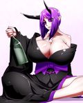  1girl bare_shoulders beer_bottle black_kimono black_sclera breasts cleavage horns huge_breasts kimono pointy_ears purple_eyes purple_hair sharp_teeth simple_background solo 