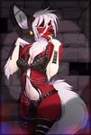  anthro bdsm bra breasts canine chain clothed clothing facial_piercing fangs female half-closed_eyes hi_res inside lip_piercing looking_at_viewer mammal navel panties piercing skimpy smile solo teeth tongue tongue_out tongue_piercing underwear vexstacy wide_hips 