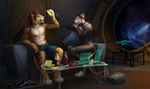  5_fingers anthro barefoot blue_eyes brown_hair cheetah clothed clothing detailed_background digitigrade duo feline female fur hair lion male mammal sitting smile spots spotted_fur topless wolnir yellow_fur 