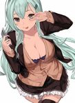  :p aqua_hair black_eyes black_legwear blazer bra breasts cardigan cellphone cleavage cowboy_shot frill_trim from_above hair_ornament hairclip hand_over_eye jacket kantai_collection large_breasts long_hair looking_at_viewer open_clothes open_shirt phone purple_bra shirt shou_xun_bu_liang sidelocks simple_background skirt smartphone solo suzuya_(kantai_collection) thighhighs tongue tongue_out underwear white_background 