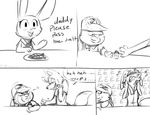  2016 anthro black_and_white blush canine carrot clothed clothing comic dialogue disney english_text female food fox group hat humor judy_hopps lagomorph male mammal monochrome nick_wilde partymeowth rabbit salt signature simple_background stu_hopps sweat sweatdrop text vegetable white_background zootopia 